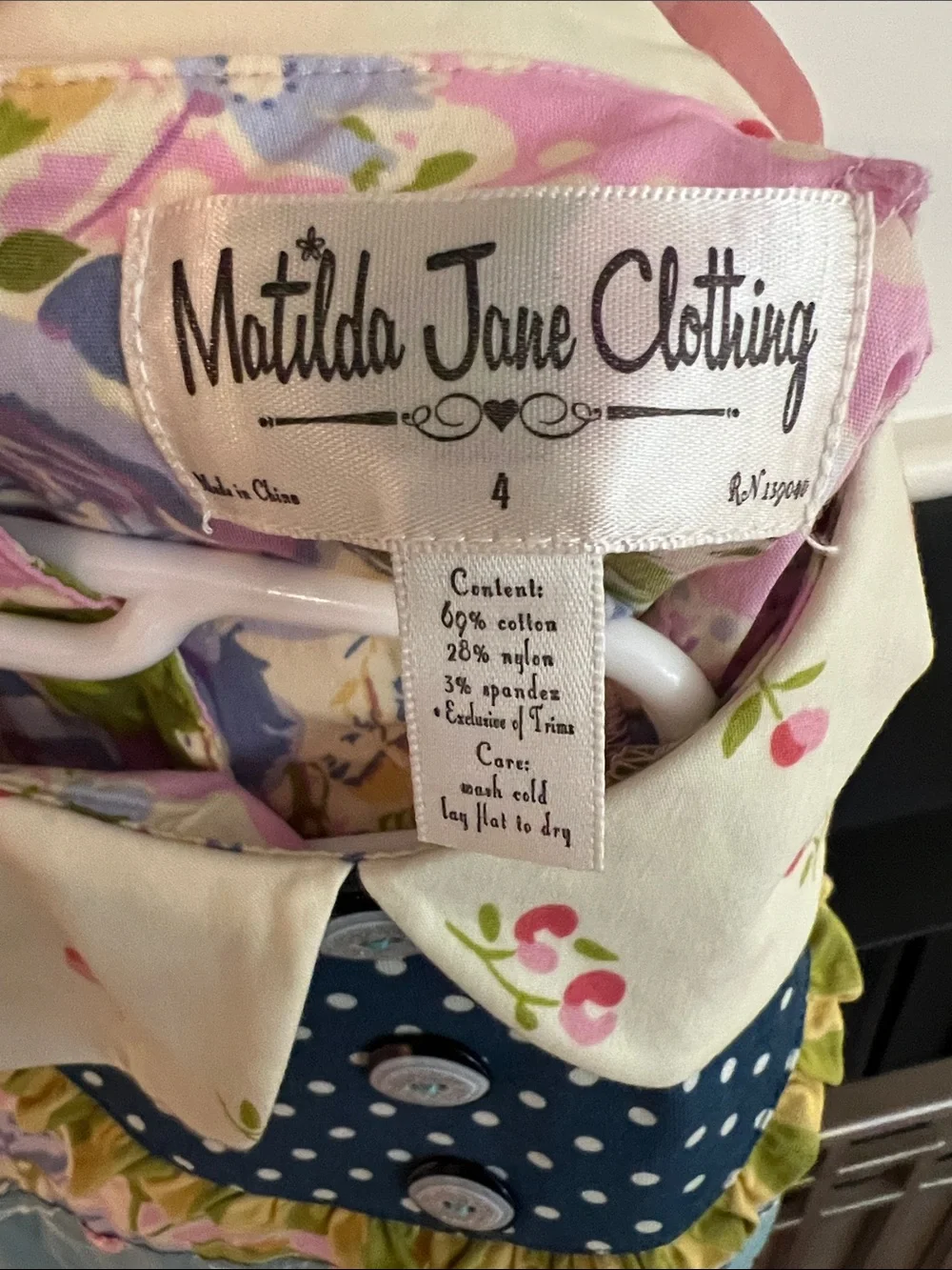 Matilda Jane Pink Floral Dress with Navy Polka Bib and Cream Collar